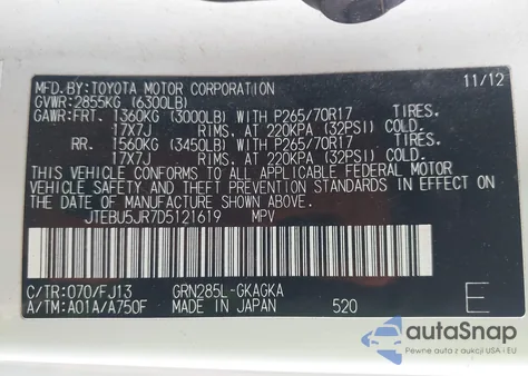 2013 Toyota 4Runner Sr5 z USA, uszkodzony, nr VIN JTEBU5JR7D5121619